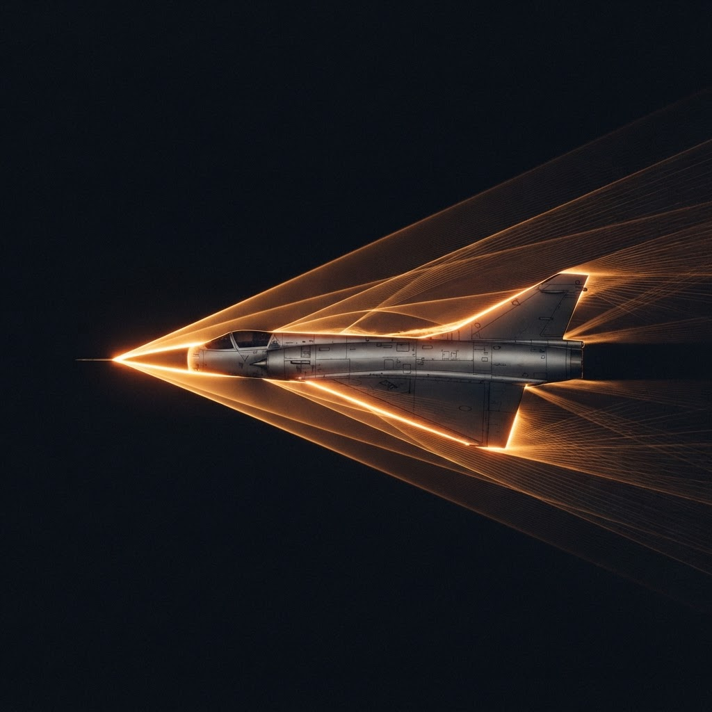 Schlieren-style visualization of shock waves and aerodynamic heating radiating off a supersonic aircraft nose and wing