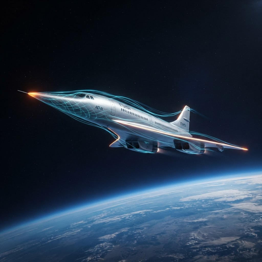 A sleek supersonic airliner cruising at Mach 3-plus, wrapped in a woven cyan plasma-control field that smooths the amber shock heating over its airframe