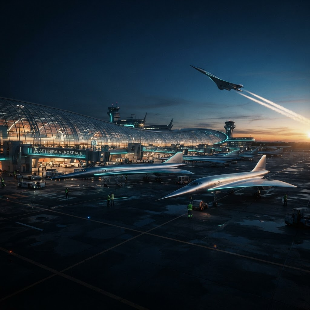 A fleet of sleek next-generation supersonic airliners at a futuristic terminal at dawn, one climbing steeply into the sky