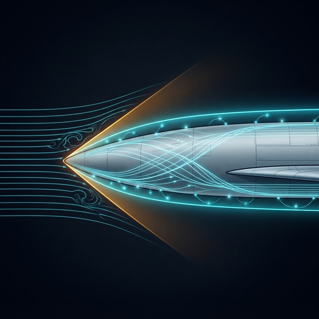 Cross-section diagram of a cyan plasma-control field hugging a supersonic wing surface, bending the amber shock line outward and smoothing the boundary layer
