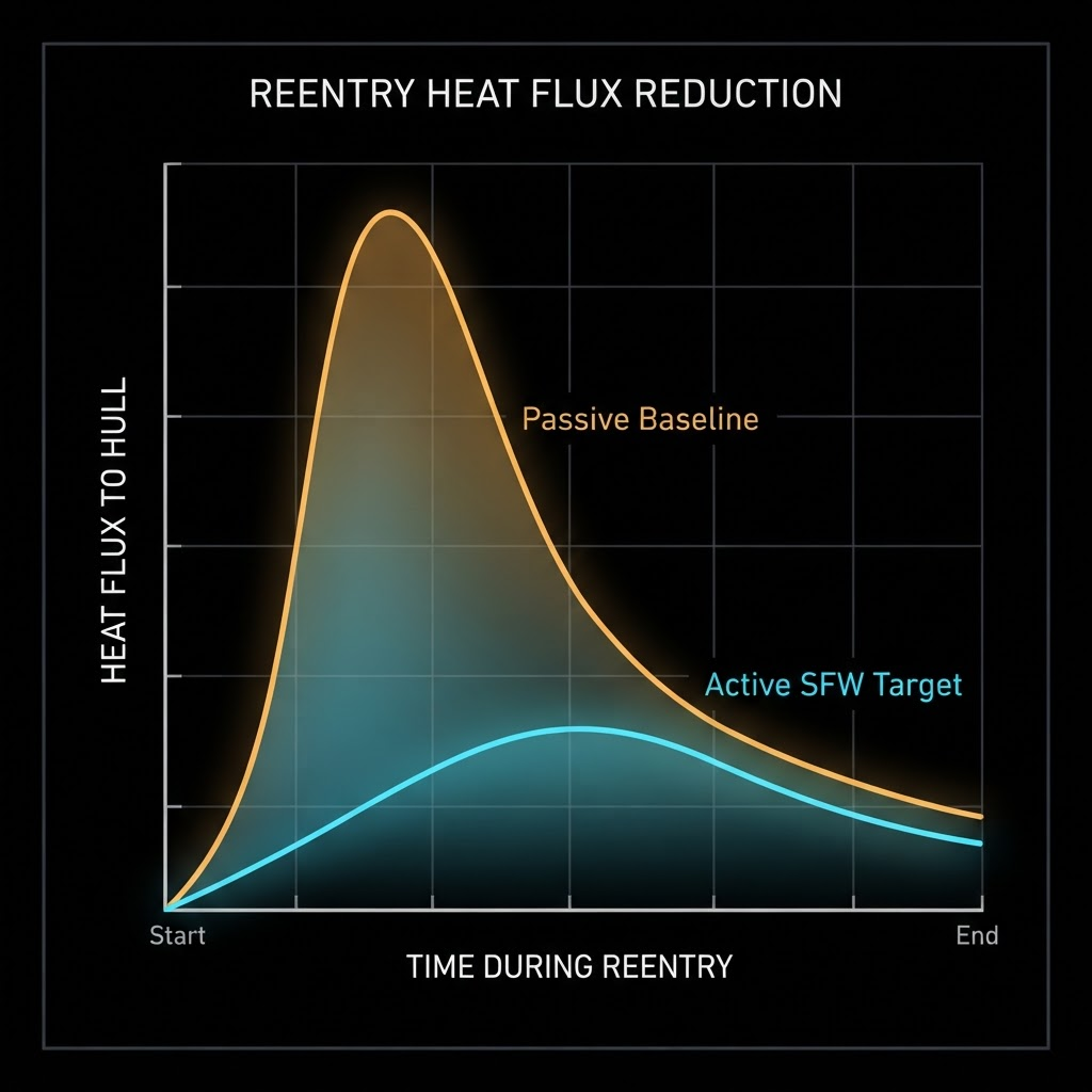 Line graph showing a tall amber passive-baseline heat-flux curve versus a lower, flatter cyan SFW-target curve over the course of reentry