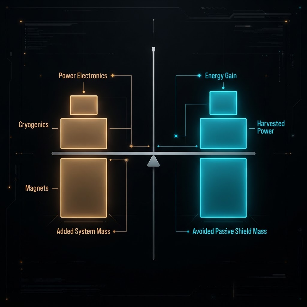Conceptual balance diagram weighing added system mass (magnets, cryogenics, power electronics) in amber against avoided passive-shield mass plus harvested power in cyan