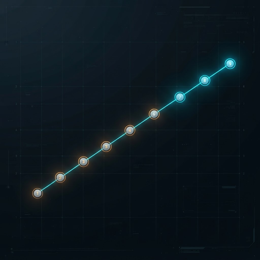 A rising staircase timeline of nine ascending nodes connected by a glowing cyan line, moving from amber analysis-stage nodes at lower left to bright cyan flight-stage nodes at upper right