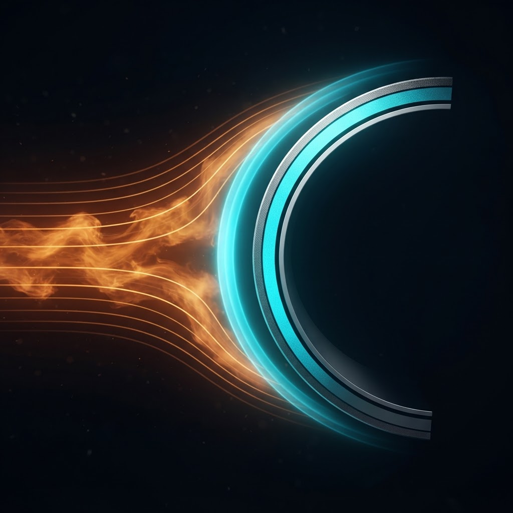 Cross-section diagram showing incoming amber reentry plasma being deflected away from a metallic hull by a curved cyan magnetic field layer, with the flow woven into smooth streamlines
